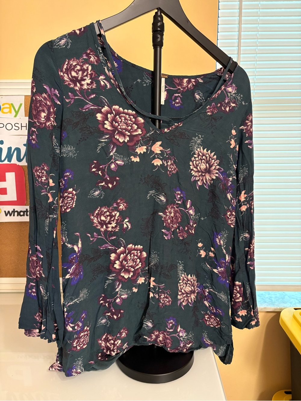 Free People Teal Floral Long-Sleeve V-Neck Top with Purple Accents